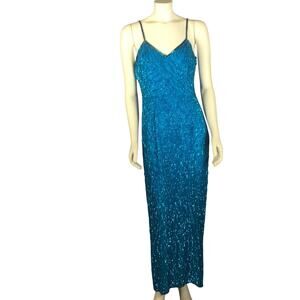 Vintage Laurence Kazar Silk beaded Sequin teal spaghetti strap Gown Medium